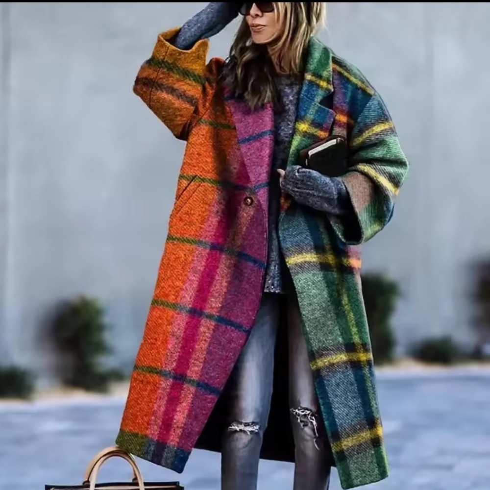 Women's Tweed Coat Contrast Color Plaid Loose Fit Outerwears Fall And Winter - Picture 1 of 6